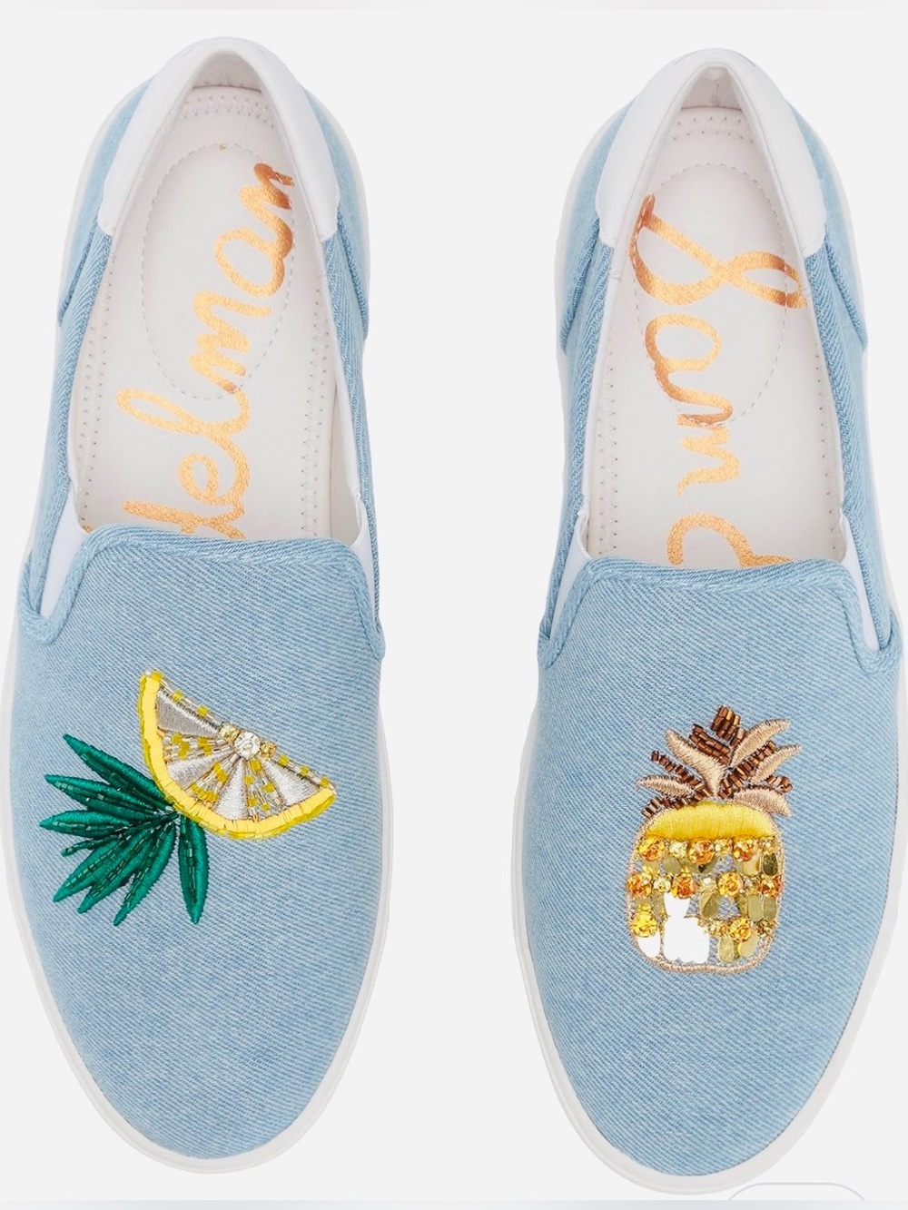 Sam Edelman Evelina Sneaker Blue Denim Embroidered Lemon & Pineapple size 6.5